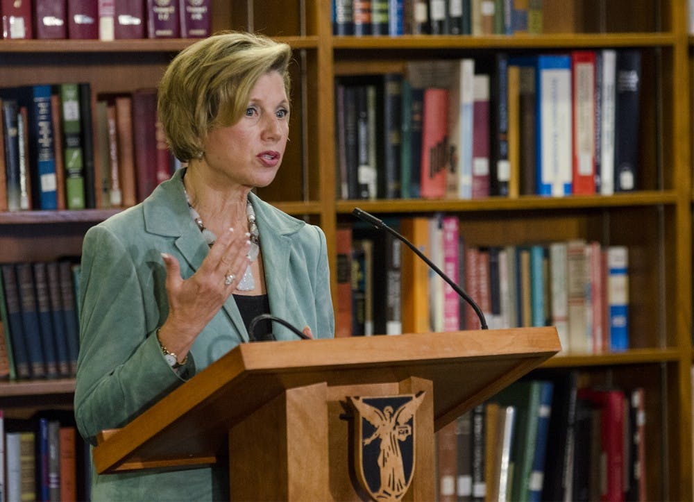 Ball State University President Jo Ann Gora talks to the media about her resignation on Oct. 28 at the L.A. Pittenger Student Center music lounge. Gora's replacement will likely be handled by a private search within the next eight months. DN PHOTO COREY OHELNKAMP