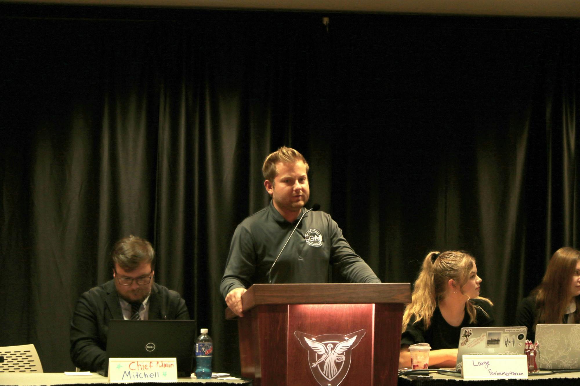 Sen. Dylan Teubert presents for the College Republicans in the Oct. 26, 2022, Ball State Student Government Association (SGA) meeting in L.A. Pittenger Student Center. The College Republicans were voted in to be an SGA-approved organization 28-2 with one abstention. Elijah Poe, DN