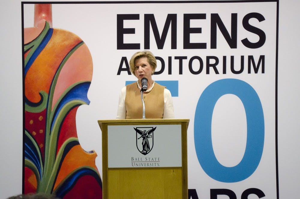 Ball State President Jo Ann Gora speaks to the audience at the reception prior to “Hello Dolly!” at John R. Emens Auditorium on Tuesday. The speakers included Dick Emens, Muncie Mayor Dennis Tyler, Charlie Sursa and Earl Williams. The plans for adding on to Emens were announced at the reception. DN PHOTO BREANNA DAUGHERTY