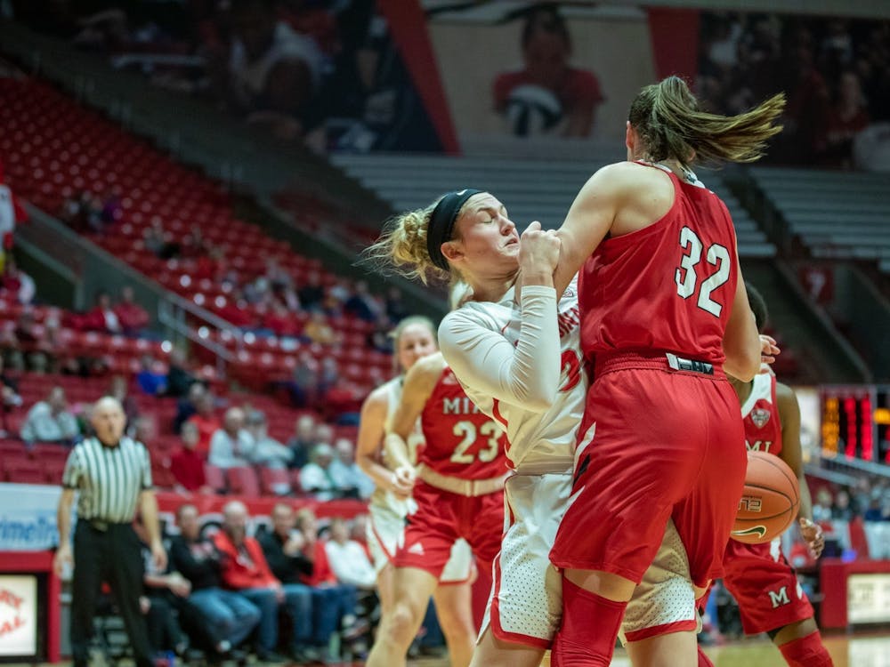 Redshirt freshman Anna Clephane falls down after going for a rebound, Jan. 25, 2020, in John E. Worthen Arena. Clephane played 13 minutes for the Cardinals. Jacob Musselman, DN