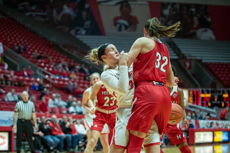 Redshirt freshman Anna Clephane falls down after going for a rebound, Jan. 25, 2020, in John E. Worthen Arena. Clephane played 13 minutes for the Cardinals. Jacob Musselman, DN