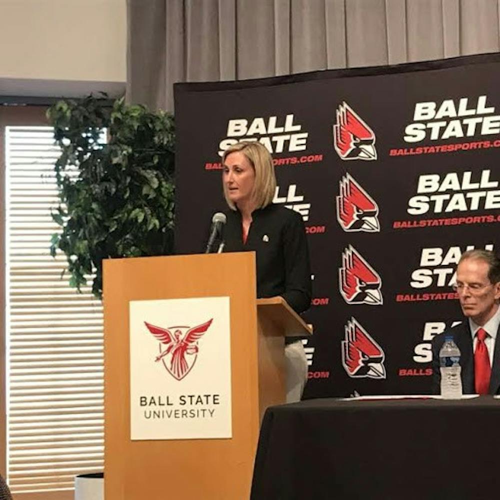 <p>Beth Goetz speaks at her press conference after being named Ball State's new athletic director on May 21. Goetz previously served as the chief operating officer and senior woman administrator at the University of Connecticut for three years. <strong>Pauleina Brunnemer, DN Photo</strong></p>