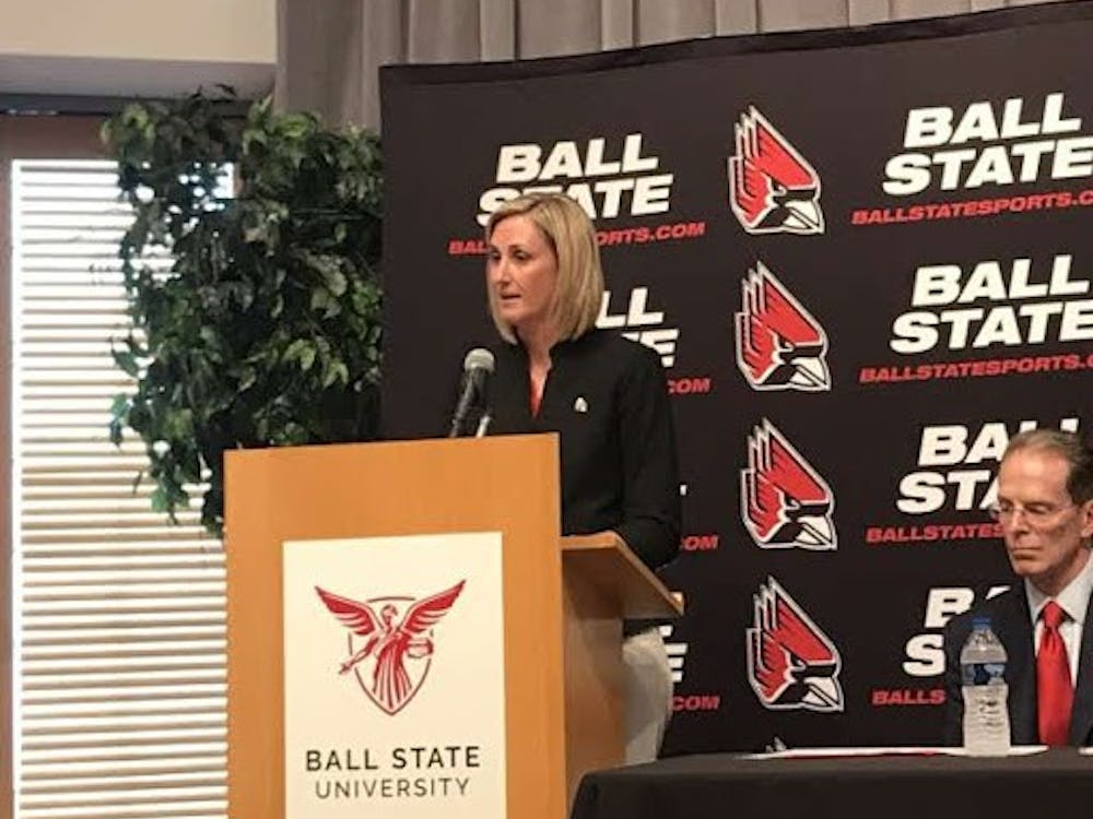 Beth Goetz speaks at her press conference after being named Ball State's new athletic director on May 21. Goetz previously served as the chief operating officer and senior woman administrator at the University of Connecticut for three years. Pauleina Brunnemer, DN Photo