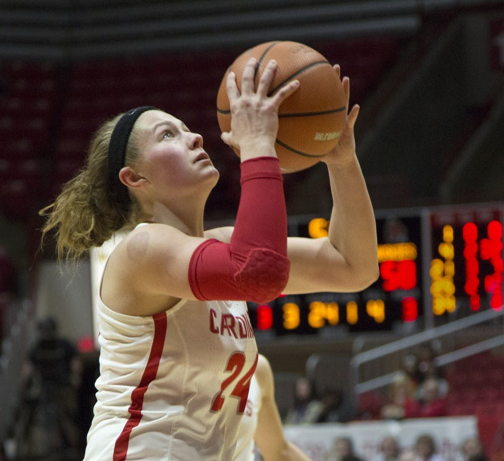 <p>Junior guard Jasmin Samz goes up for a layup during the Cardinals’ game against Northern Illinois Jan. 27 in John E. Worthen Arena. Samz scored 10 points. <strong>Eric Pritchett, DN</strong></p>