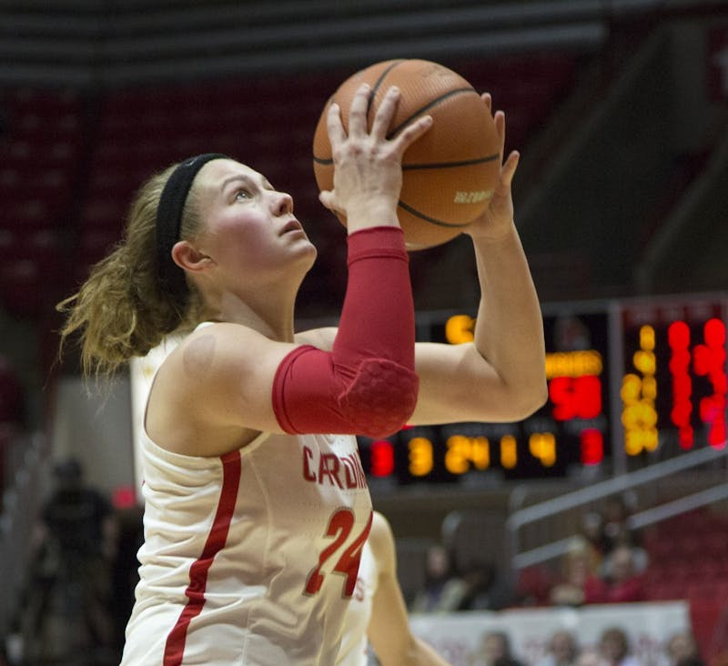 Junior guard Jasmin Samz goes up for a layup during the Cardinals’ game against Northern Illinois Jan. 27 in John E. Worthen Arena. Samz scored 10 points. Eric Pritchett, DN