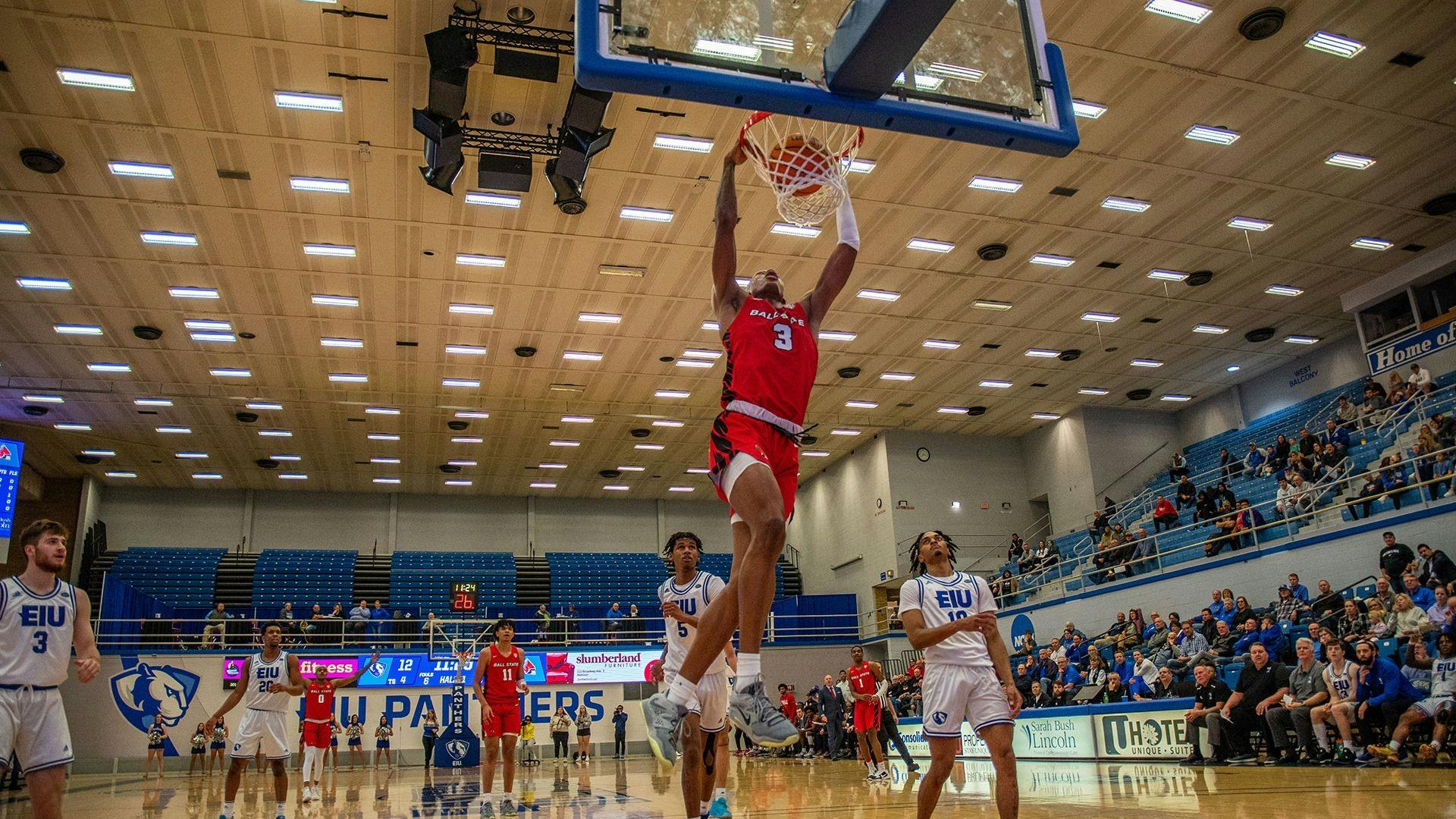 Redshirt sophomore forward Mickey Pearsons goes for a dunk in the first half against Eastern Illinois. Pearsons had 20 points and nine rebounds off the bench as the Cardinals ran out 76-59 winners. Chad Smith/Ball State Athletics, photo provided