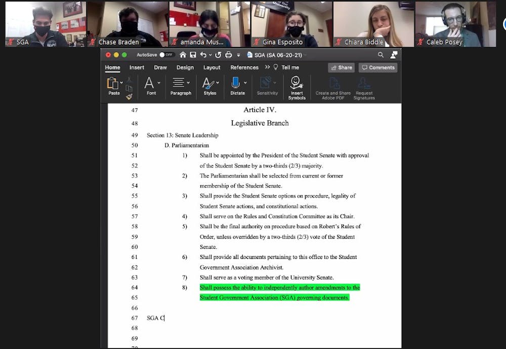 Ball State Student Government Association senators look over and debate the amendment regarding the parliamentarian&#x27;s duties at the Nov. 11 Zoom meeting. The amendment would allow the parliamentarian to draft amendments, but failed 26-4, with 11 abstentions. Maya Wilkins, Screenshot Capture
