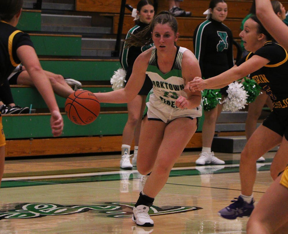 <p>Yorktown junior Lilly Sylvester dribbles a layup Nov. 12 during a game against Guerin Catholic. Zach Carter, DN.</p>