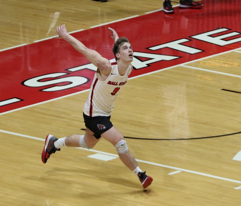 Senior outside attacker Kaleb Jenness serves the ball during a game against Lindenwood Feb. 24 at Worthen Arena. Jenness had 21 kills during the game. Jamie Howell DN