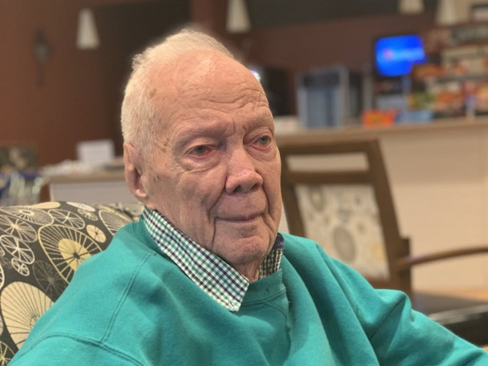 Park Wiseman, a former Ball State chemistry professor, sits in a lounge in Westminister Village Feb. 20, 2019. Wiseman was born in the same year Ball State was founded and taught at the university from 1941 to 1981. Kamryn Tomlinson, DN&nbsp;