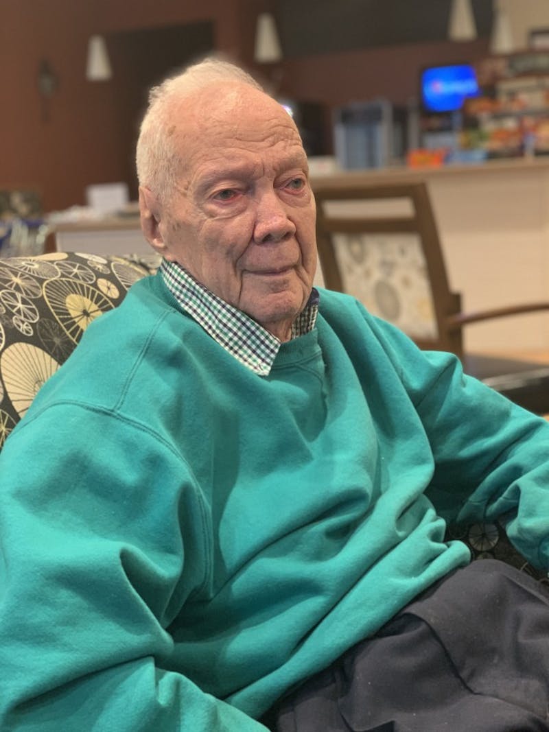 Park Wiseman, a former Ball State chemistry professor, sits in a lounge in Westminister Village Feb. 20, 2019. Wiseman was born in the same year Ball State was founded and taught at the university from 1941 to 1981. Kamryn Tomlinson, DN&nbsp;