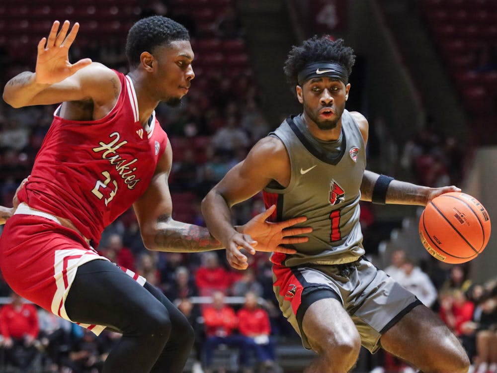 Junior guard Jalin Anderson circumvents the opposing team Jan. 27 against Northern Illinois at Worthen Arena. Anderson scored 11 points in the game. Isaiah Wallace, DN