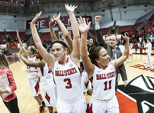 The Ball State's Women's Basketball team wave to the crowd after their 53-48 victory over Northern Iowa. The team will progress to the WNIT's "Sweet 16." DN PHOTO JONATHAN MIKSANEK