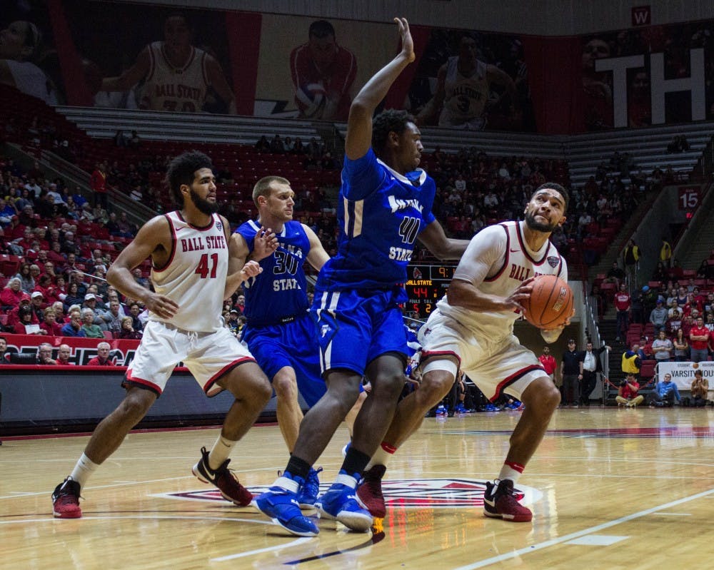 Ball State's forward Franko House looks to take a shot during the game against Indiana State on Nov. 15 in Worthen Arena. The Cardinals lost 74-80. Grace Ramey // DN