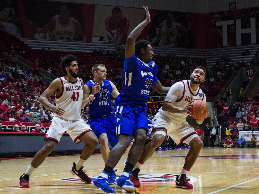 Ball State's forward Franko House looks to take a shot during the game against Indiana State on Nov. 15 in Worthen Arena. The Cardinals lost 74-80. Grace Ramey // DN