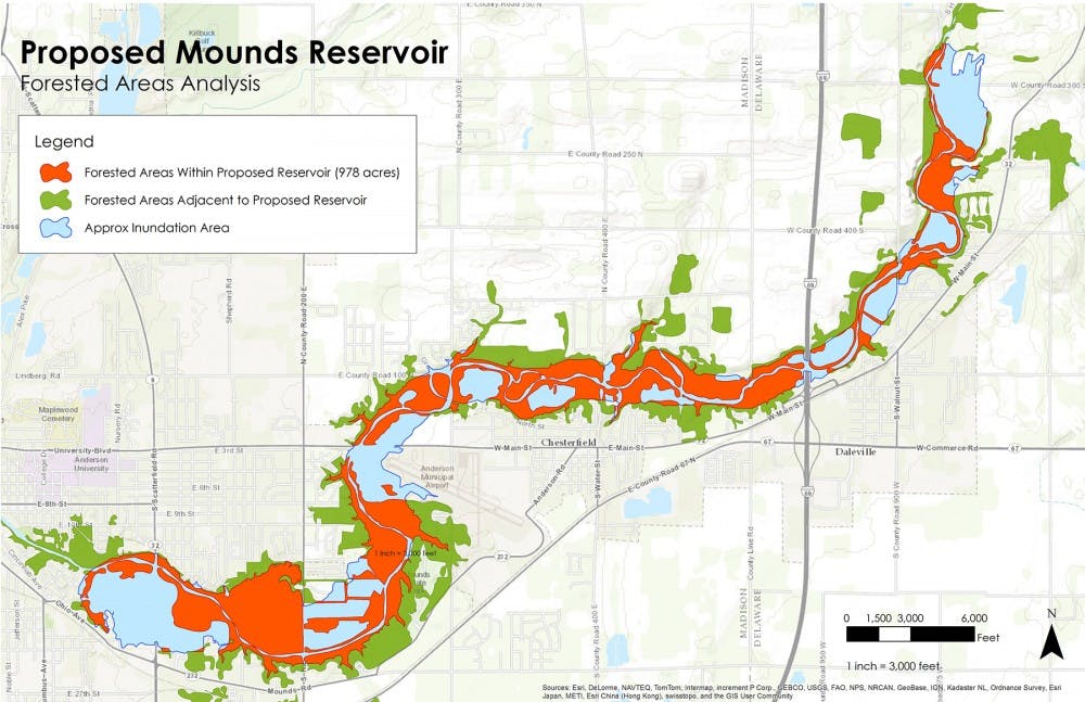 This map produced by Sensible Ecology, LLC in Muncie, Indiana, demonstrates the total acreage of forested land that would be inundated by the proposed Mounds Lake Reservoir. The area in red marks the 978 acres of forested land that would be lost. 