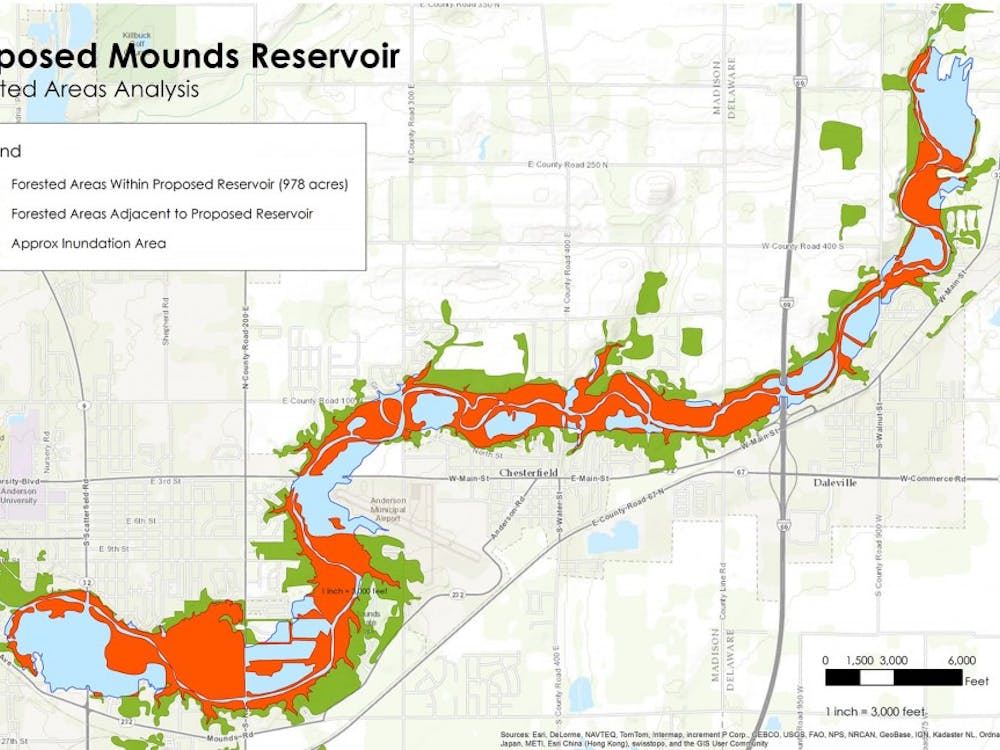 This map produced by Sensible Ecology, LLC in Muncie, Indiana, demonstrates the total acreage of forested land that would be inundated by the proposed Mounds Lake Reservoir. The area in red marks the 978 acres of forested land that would be lost. 