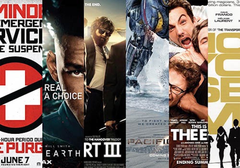 Movies Posters from right to left; The Purge, After Earth, The Hangover Part III, Pacific Rim, This is The End, Now you see me.