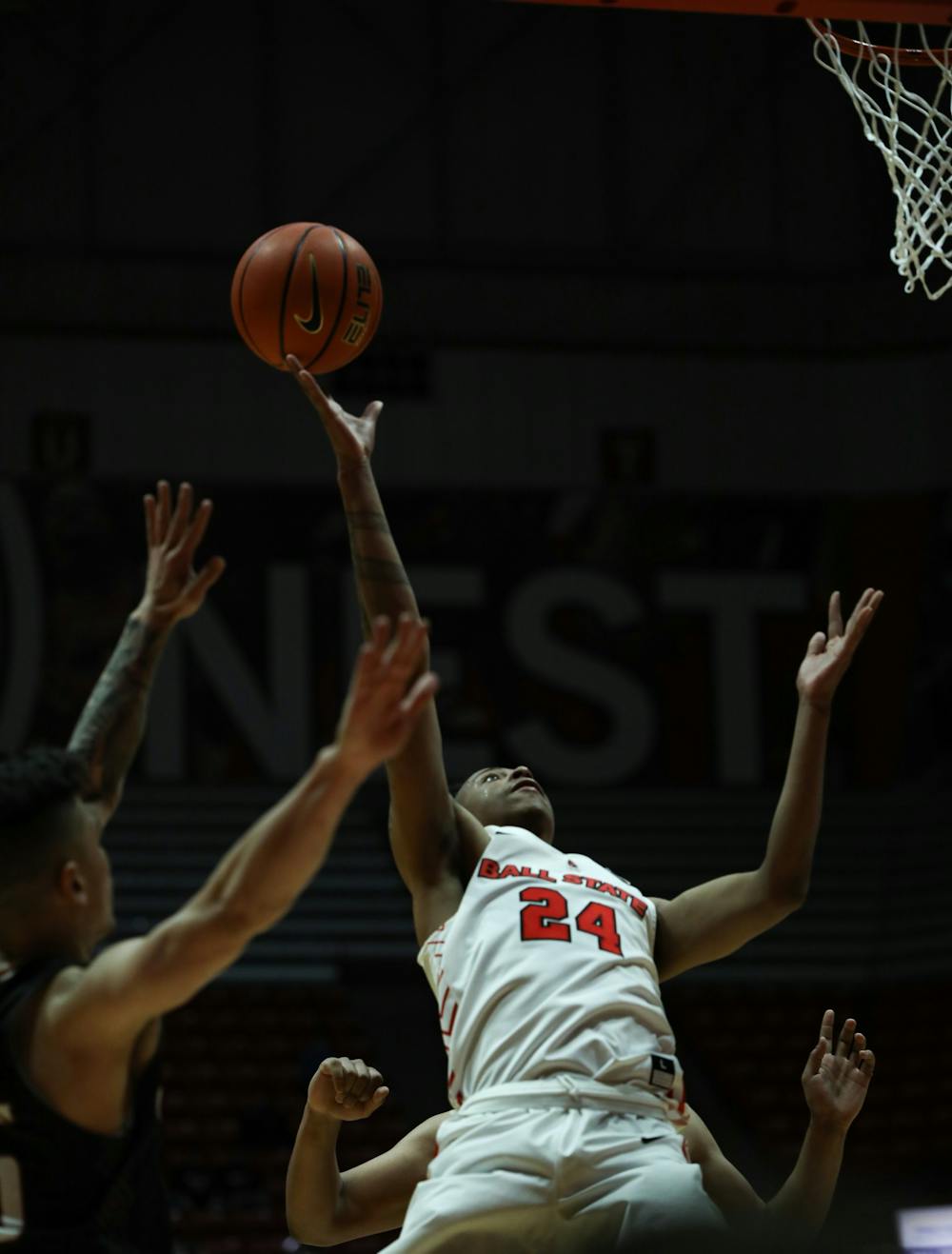 Junior guard Jalen Windham (24) goes for a layup against Omaha at Worthen Arena Nov. 13. Windham led the Cardinals in scoring with 14 points against the Mavericks. Jacy Bradley, DN