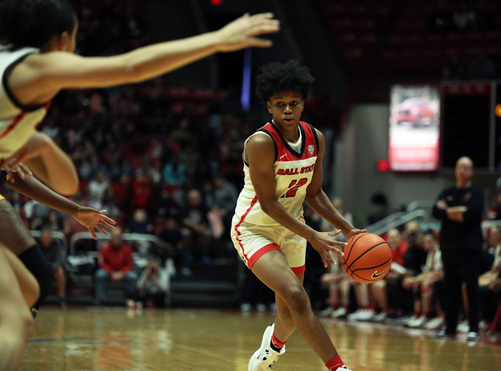 Junior Nyla Hampton looks to pass the ball against Tennessee Tech Nov. 6 at Worthen Arena. Hampton scored six points in the game. Mya Cataline, DN