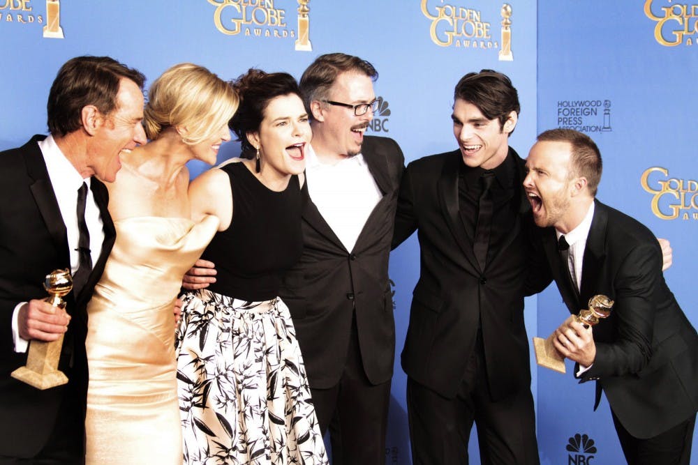 The cast of "Breaking Bad" with showrunner Vince Gilligan, center, backstage at the 71st Annual Golden Globe Awards show at the Beverly Hilton Hotel on Sunday, Jan. 12, 2014, in Beverly Hills, Calif. MCT PHOTO