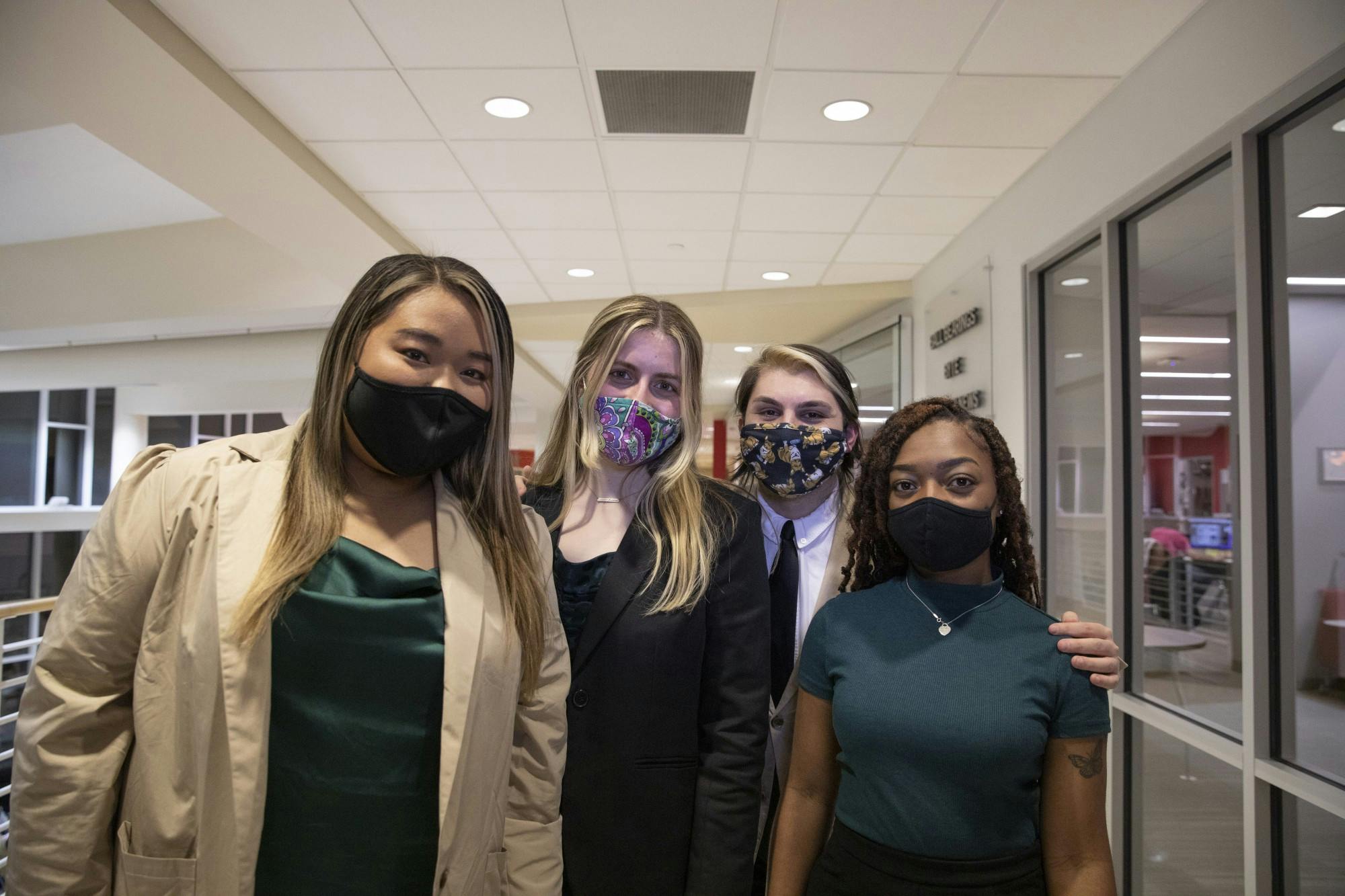 (From left to right) Tina Nguyen, Chiara Biddle, Jacob Bartolotta and Nita Burton of the Student Government Association (SGA) Strive slate stand together Feb. 10, 2021. Slate members were inaugurated into their respective positions of SGA president, vice president, treasurer and chief administrator April 21. Jacob Musselman, DN File