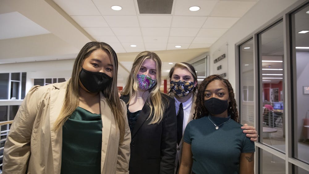 (From left to right) Tina Nguyen, Chiara Biddle, Jacob Bartolotta and Nita Burton of the Student Government Association (SGA) Strive slate stand together Feb. 10, 2021. Slate members were inaugurated into their respective positions of SGA president, vice president, treasurer and chief administrator April 21. Jacob Musselman, DN File