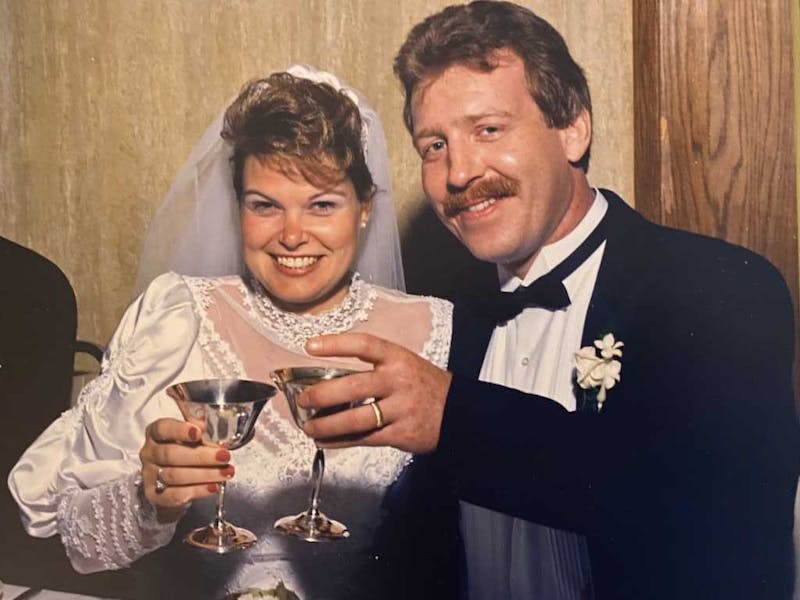 Lucy and Chris Atkinson pose for their wedding photo in Glenview, Illinois April 20,1985.  Kramer Photographers, Photo provided 