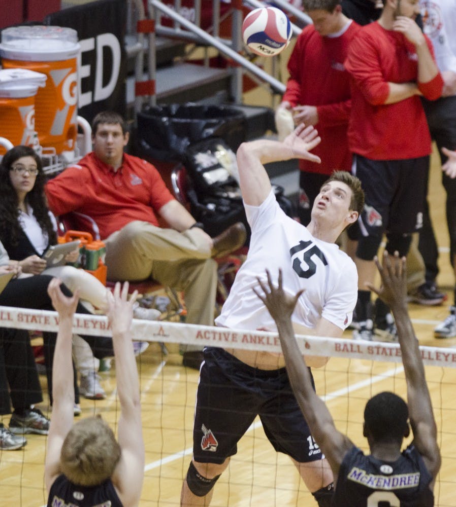 Sophomore outside attacker Marcin Niemczewski gets ready to hit the ball to McKendree in the first set Jan. 24 at Worthen Arena. Niemczewski had four digs. DN PHOTO BREANNA DAUGHERTY