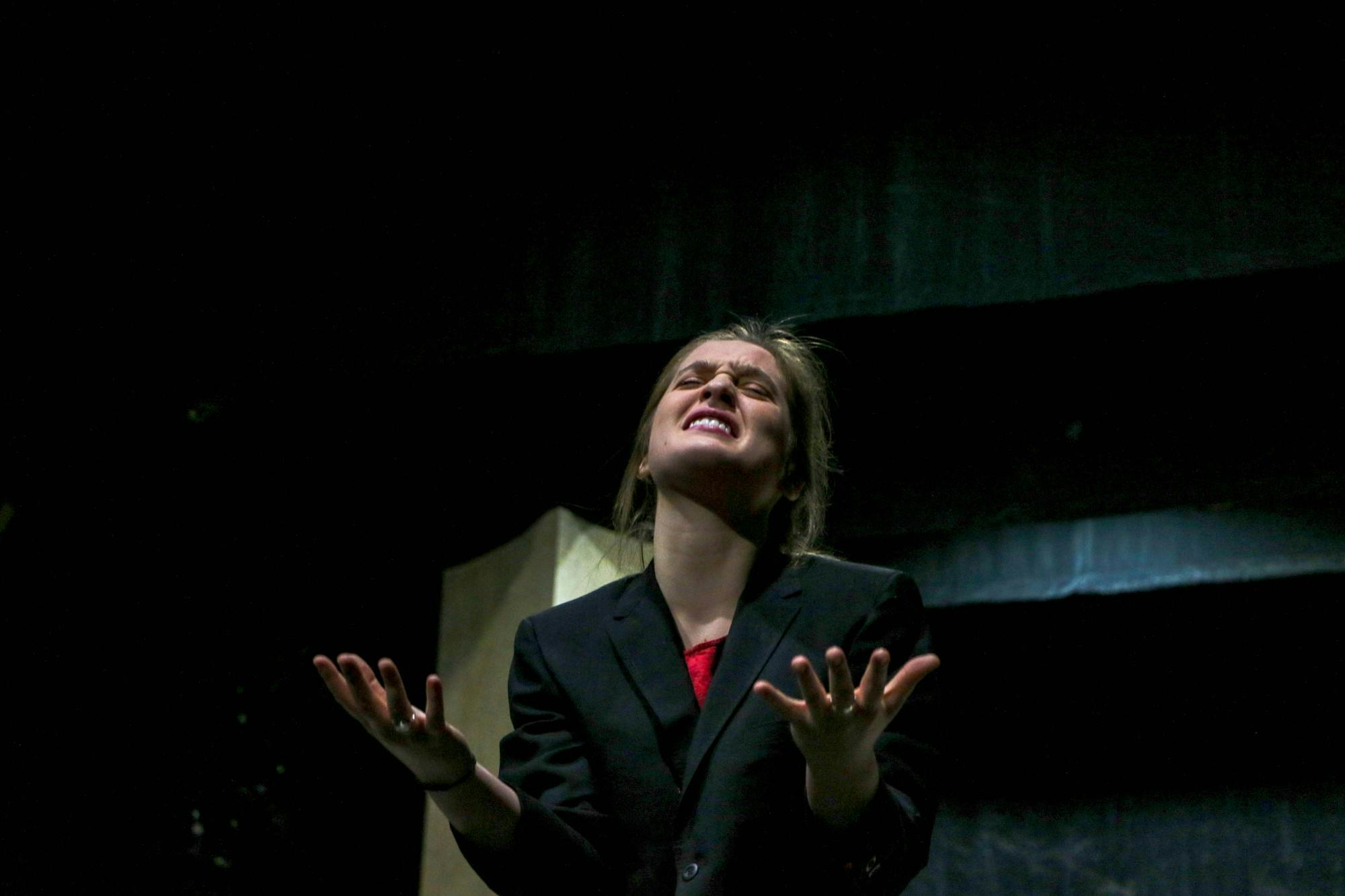 Ingrid Schwartz rehearses her lines during an evening practice for "Twelfth Night" Jan. 28, 2020, at University Theatre. Sophie Nulph, DN