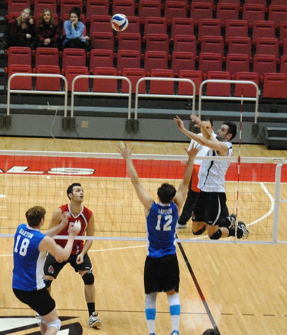 On Feb. 12 the Ball State men’s volleyball team defeated Barton University at Worthen Area. Junior outside attacker Mike Scannell goes up for a hit against the Bulldogs. DN PHOTO ALLISON COFFIN