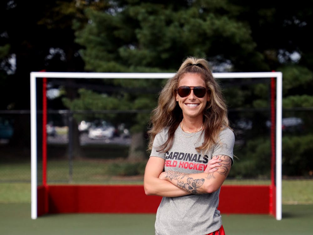Ball State Field Hockey Head Coach Caitlin Walsh poses for a photo near a goal Sept. 3 at Briner Sports Complex. Walsh spent three years as an assistant coach at Kent State. Amber Pietz, DN