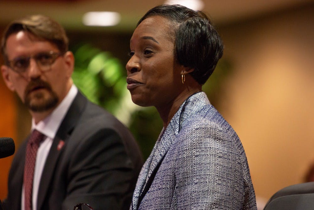 Ro Anne Royer Engle, Interim Vice President for Student Affairs and Enrollment Services, reviews notes at the Board of Trustees meeting Feb. 8, 2019. She began serving as Interim vice president for student affairs January 2019. Scott Fleener, DN