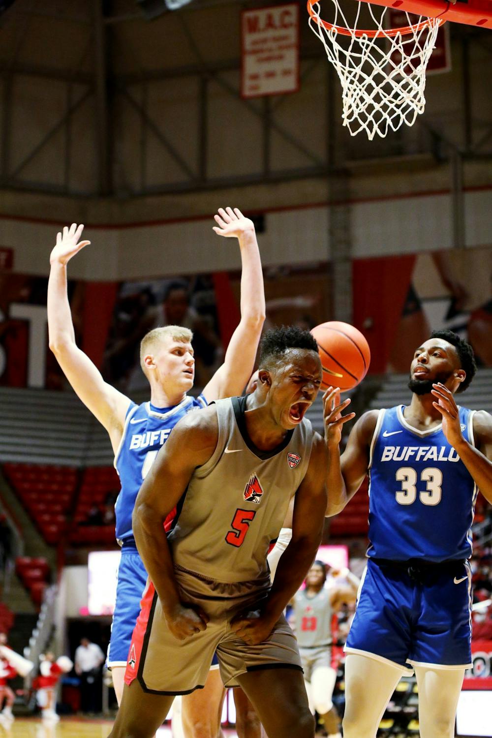 Freshman center Payton Sparks (5) celebrates his layup against Buffalo on Jan. 14, 2022, at Worthen Arena in Muncie, IN. Sparks scored 18 points during the game. Amber Pietz, DN