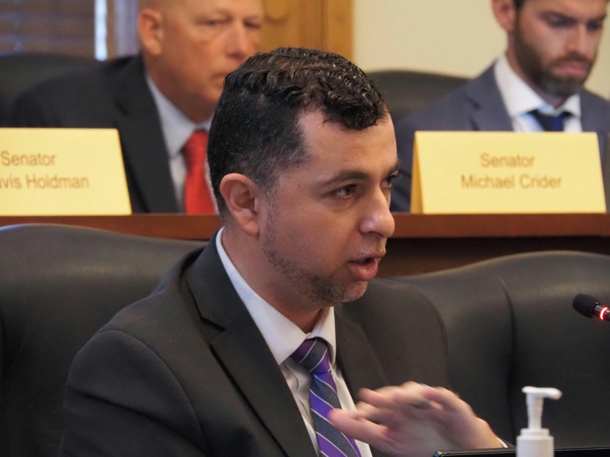 Sen. Fady Qaddoura, D-Indianapolis, speaks during a meeting on Wednesday, Nov. 15, 2023. (Leslie Bonilla Muñiz/Indiana Capital Chronicle)