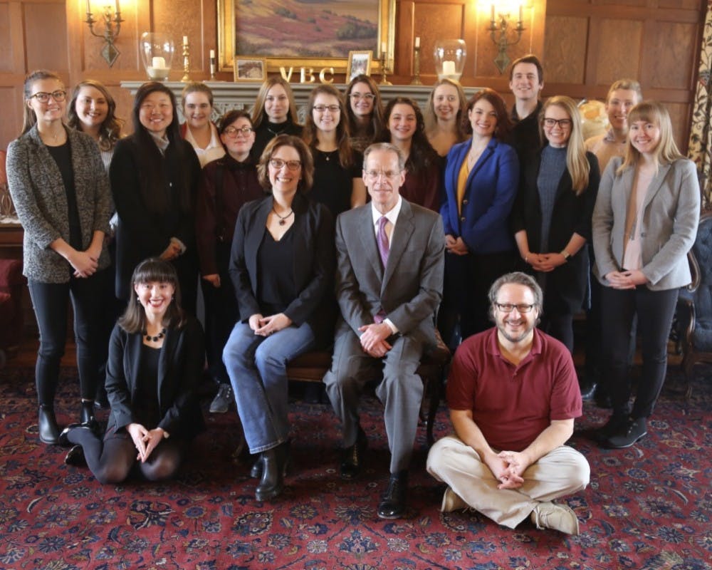 <p>Honors students of the semester's Virginia Ball Center for Creative Inquiry course pose with Ball State President Geoffrey Mearns in the Kitselman Center. The course is working to develop and research materials for Beneficence Family Scholars whose goal is to end generational poverty. <strong>Liz Rieth, Photo Provided</strong></p>