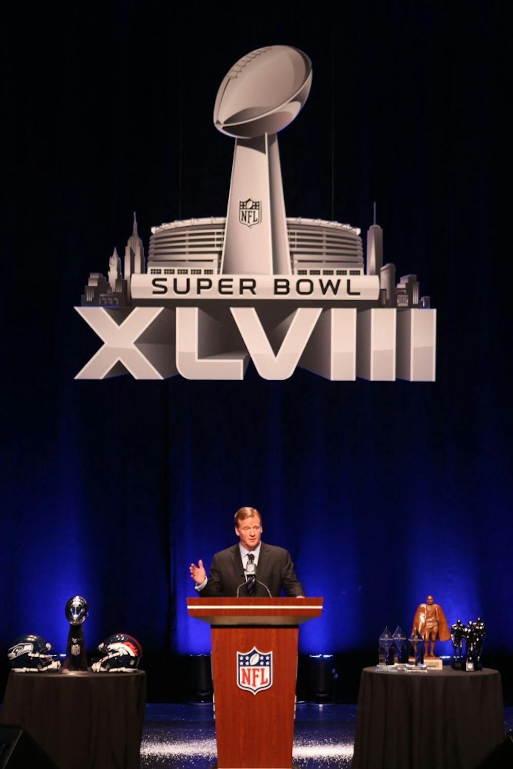 NFL Commissioner Roger Goodell speaks to media and NFL owners at the Rose Theater in New York on Friday, Jan. 31, 2014. MCT PHOTO