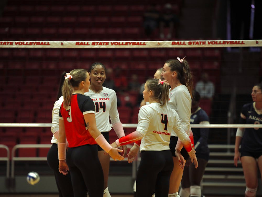 Ball State women's volleyball celebrates scoring a point against Akron Oct 12 at Worthen Arena. Ball State won in 3 sets in a game. Andrew Berger, DN
