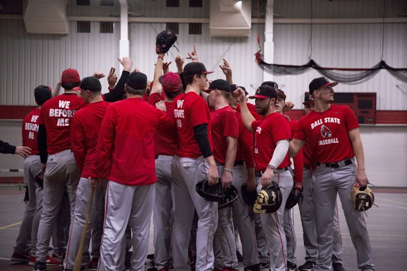 Members of Ball State Baseball break a huddle during practice Jan. 30, 2019, in the Field Sports Building. The Cardinals went 2-5 in their first two weekends of 2019. Zach Piatt, DN&nbsp;