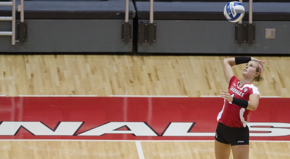 Senior defensive specialist Kati Vasalakis serves the ball in the second game of the Active Ankle Tournament against Belmont on Aug. 28 at Worthen Arena. DN PHOTO BREANNA DAUGHERTY