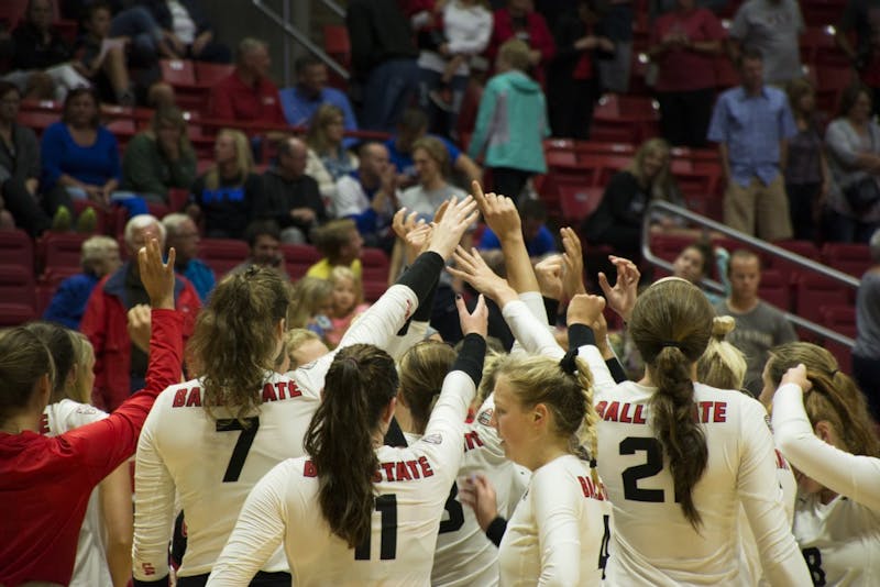 Ball State women's volleyball team has a team huddle after their victory on Sept. 2 at Worthen Arena. The Cardinals defeated Fort Wayne and improved to 5-1 on the season.