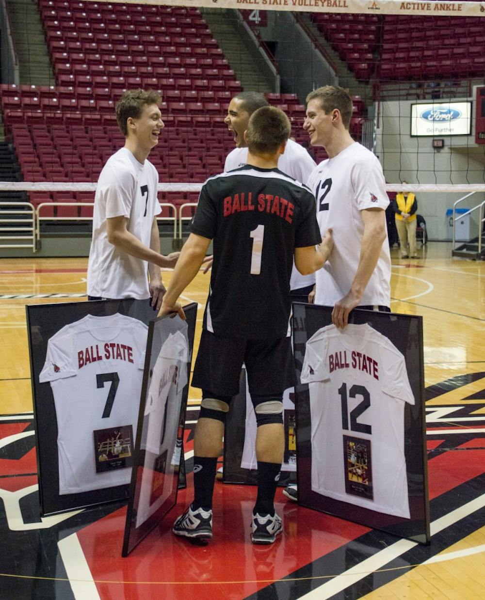 The Ball State men's volleyball seniors laugh after taking photos for senior night after the game against Loyola on March 28 at Worthen Arena. DN PHOTO ALAINA JAYE HALSEY