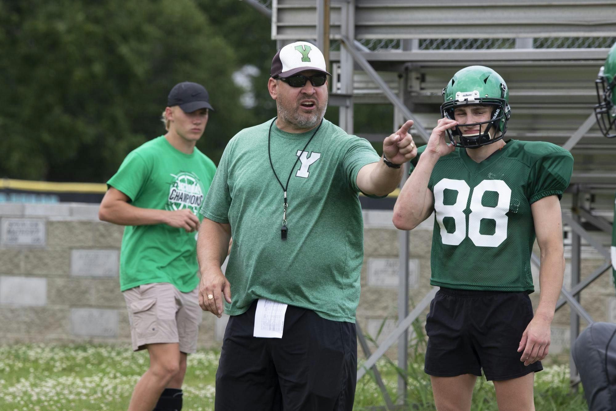 Yorktown head coach Mike Wilhelm points July 12 at a practice at Yorktown High School. Zach Carter, DN.