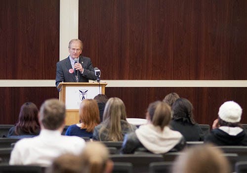 Muncie Mayor Dennis Tyler talks to students Thursday in the Arts and Journalism building. Tyler came to discuss the Muncie community, community involvement and what Ball State is doing to help. DN PHOTO JONATHAN MIKSANEK