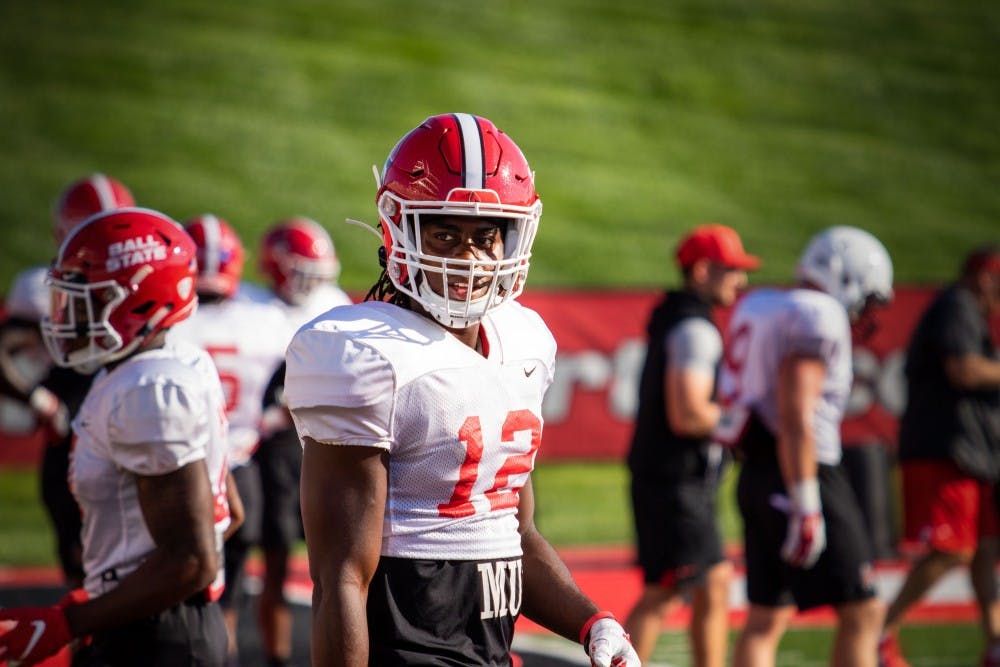 <p>Graduate student cornerback Isaac James during football practice Aug. 23, at Scheumann Stadium. James played for Indiana in 2018 and recorded two tackles and an interception against Ball State. <strong>Jacob Musselman, DN</strong></p>