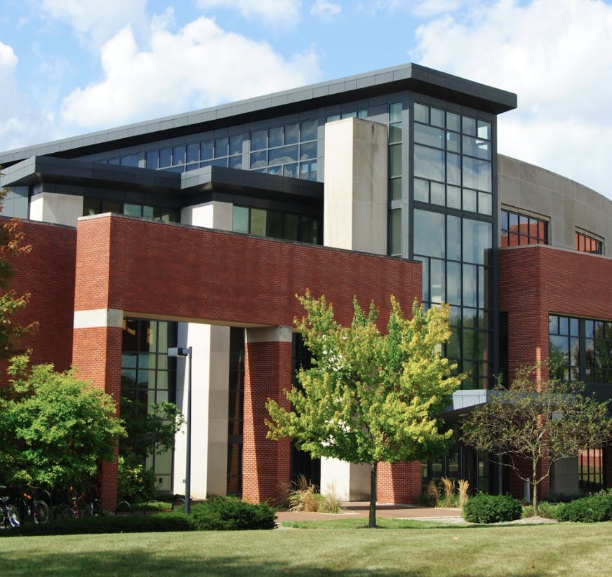 A view from outside the David Letterman building on Ball State's Campus.