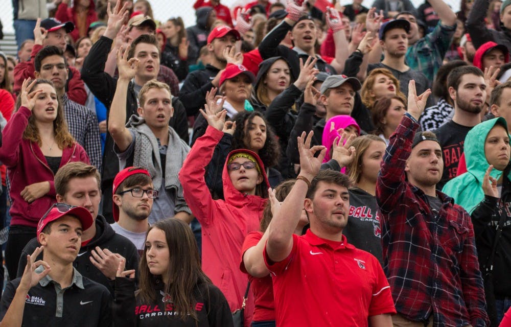 Ball State students cheer on the Cardinals during the game against Northern Illinois on Oct. 1 in Scheumann Stadium. Ball State lost 31-24. Grace Ramey // DN