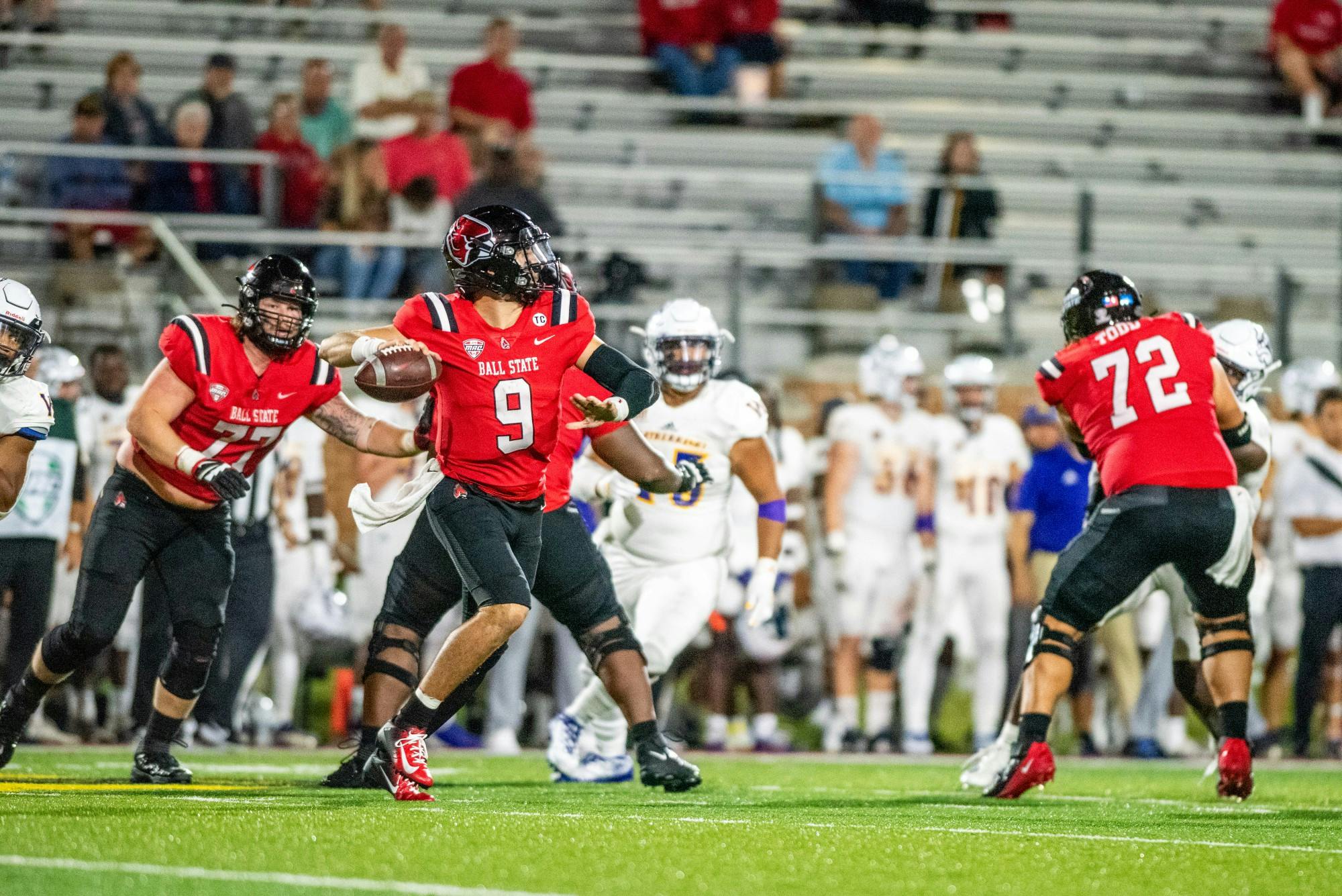 Ball State University quarterback, Drew Plitt, prepares to hurl the ball down the field in the fourth quarter of a game against Western Illinois on September 2nd, 2021 at Scheumann Stadium. Kyle Atkisson, DN