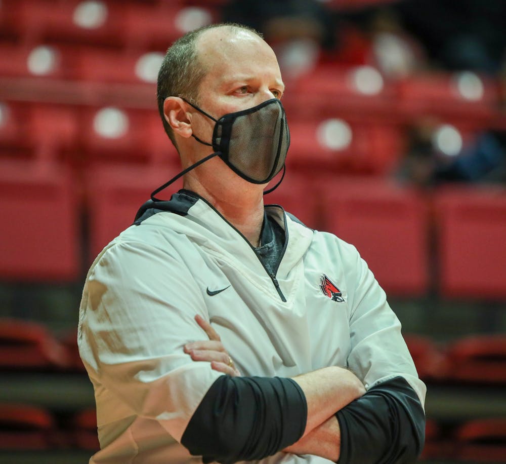 <p>Head Coach Brady Sallee watches his team play March 6, 2021, in John E. Worthen Arena. The Cardinals beat the Broncos 76-69. <strong>Jaden Whiteman, DN</strong></p>