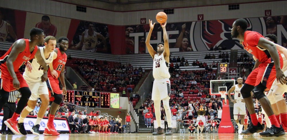 Sophomore forward Tahjai Teague shoots a free throw during the Cardinals’ game against Stony Brook on Nov. 17 in John E. Worthen Arena. On Nov. 28 Ball State beat Oakland City 81 to 57 to improve their record to 3-4. Paige Grider, DN File